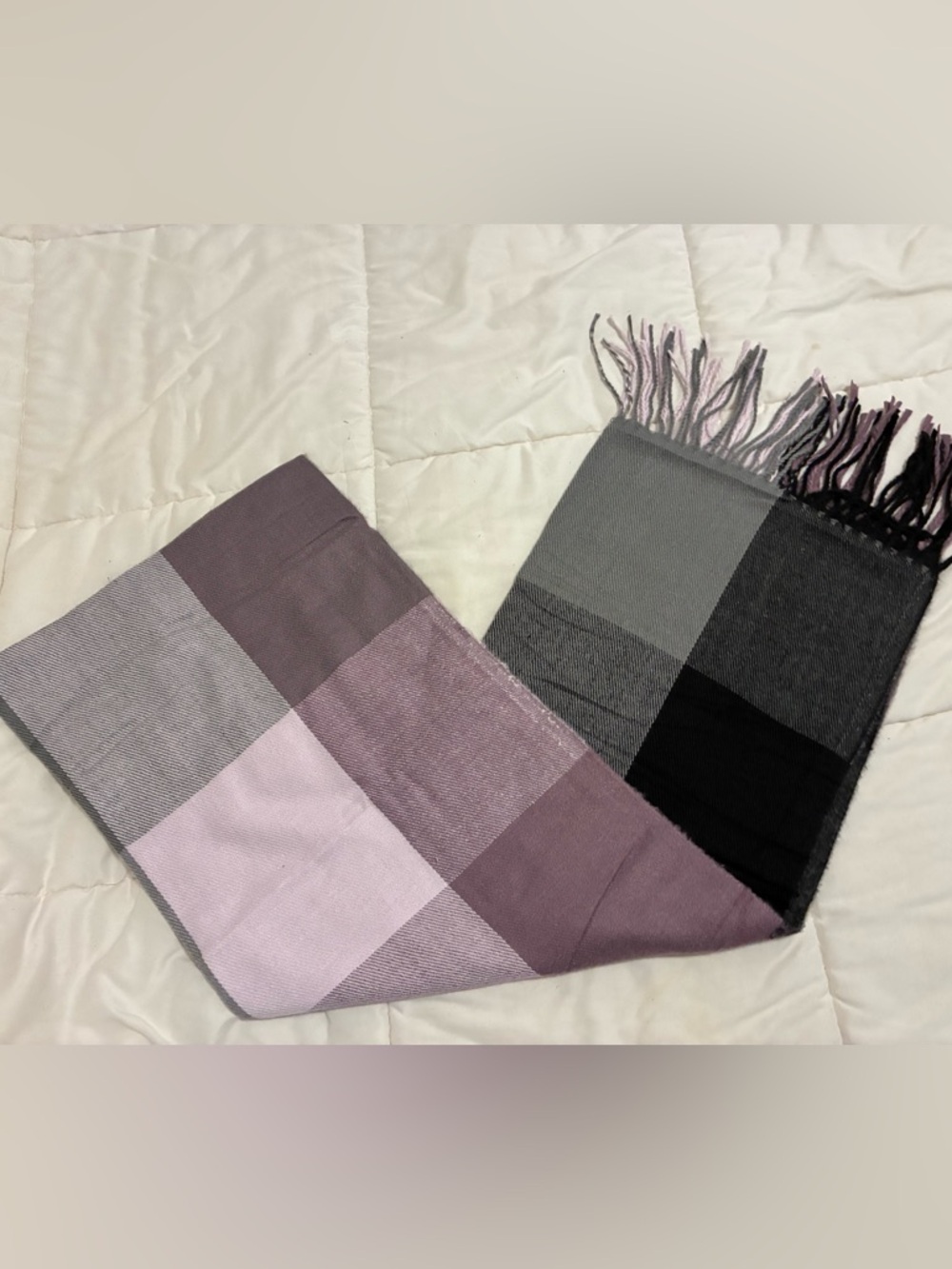 Amazon Plaid Fringe Scarf - Purple, Gray, Black